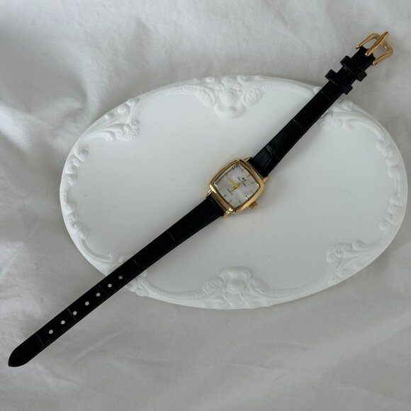 Sku‎ 0487 vintage vibe retro mini watch gold black leather strap + in a gift bag